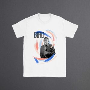 T-shirt with a dynamic 'BIRD' print and a saxophonist graphic, accented by abstract blue and red brush strokes, celebrating the spirit of jazz music.
