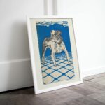 Color woodcut print by Moriz Jung featuring a detailed illustration of a bulldog standing on a geometric tiled floor, set against a bright blue background with wispy clouds.