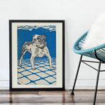 Color woodcut print by Moriz Jung featuring a detailed illustration of a bulldog standing on a geometric tiled floor, set against a bright blue background with wispy clouds.