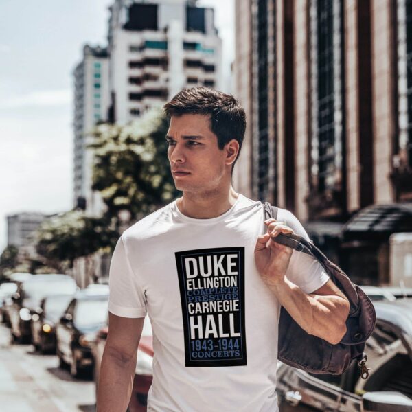 Unisex t-shirt with Duke Ellington Carnegie Hall 1943-1944 concerts print, celebrating jazz history and style.