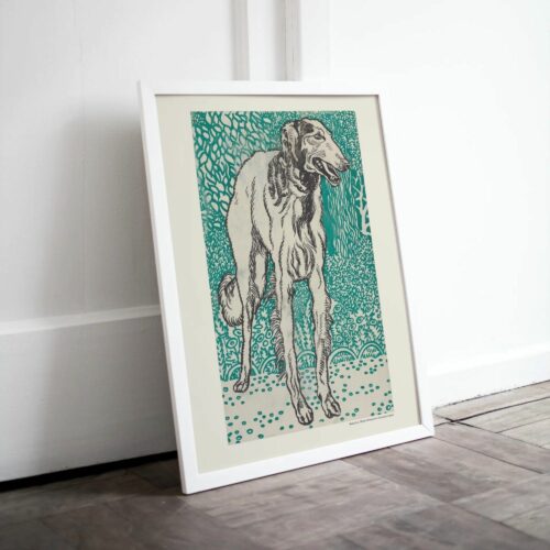 Color woodcut print by Moriz Jung depicting a detailed illustration of a tall, slender dog with a focused gaze, standing against a vibrant green background filled with intricate foliage and pebble patterns.