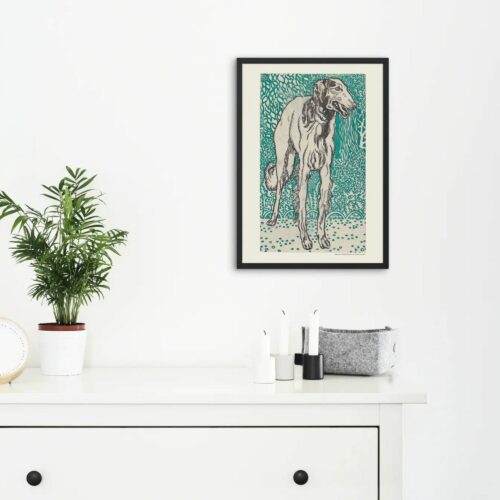 Color woodcut print by Moriz Jung depicting a detailed illustration of a tall, slender dog with a focused gaze, standing against a vibrant green background filled with intricate foliage and pebble patterns.
