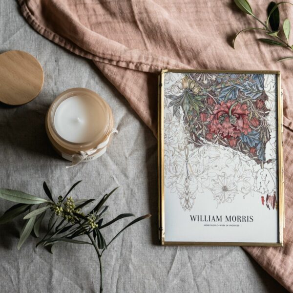 Elegant William Morris vintage poster with a 'Honeysuckle' theme, rich in color and detail, capturing the essence of the Arts and Crafts movement for a timeless addition to any home decor collection.