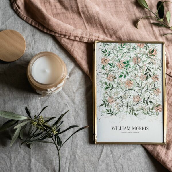 William Morris vintage botanical art poster, featuring delicate jasmine flowers and green foliage, encapsulating the timeless beauty of the Arts and Crafts movement for classic home decor enthusiasts.