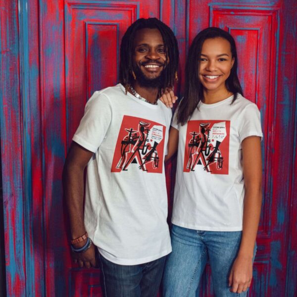 Graphic unisex t-shirt featuring 'Jazz at the Philharmonic' with abstract musicians in black on a vibrant red background, echoing the energy of live jazz performances.
