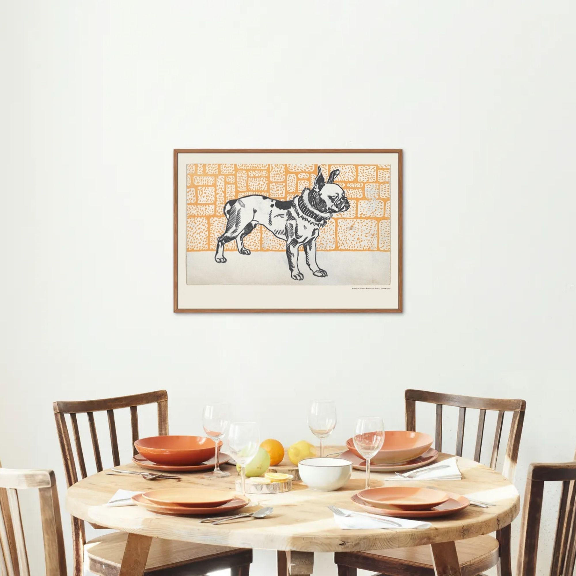 Woodcut print artwork by Moriz Jung featuring a detailed illustration of a brindle-patterned bulldog with perky ears, standing in profile against a backdrop of orange bricks with intricate textures.