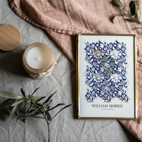 Striking William Morris vintage poster entitled 'Wey', showcasing a vibrant blue and white botanical design with intricate floral patterns, ideal for lovers of classic Arts and Crafts style decor.
