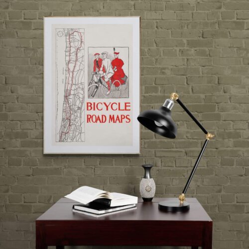 Edward Penfield 1890s Bicycle Road Maps Poster with Cyclists in Vintage Attire, Art Nouveau Inspired Cycling Art Print for Enthusiasts.