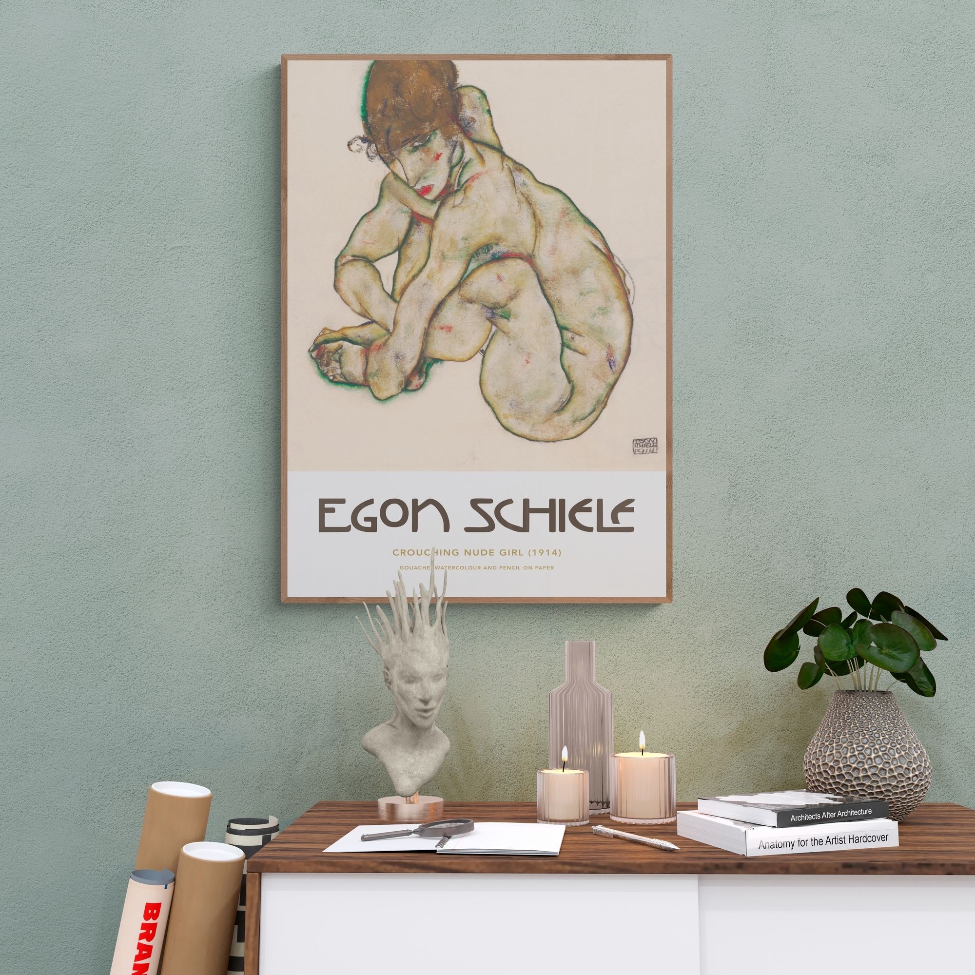 Egon Schiele 1914 Poster - 'Crouching Nude Girl' Artwork with Dynamic Pose and Earthy Watercolor Tones, Highlighting Schiele's Signature Drawing Style