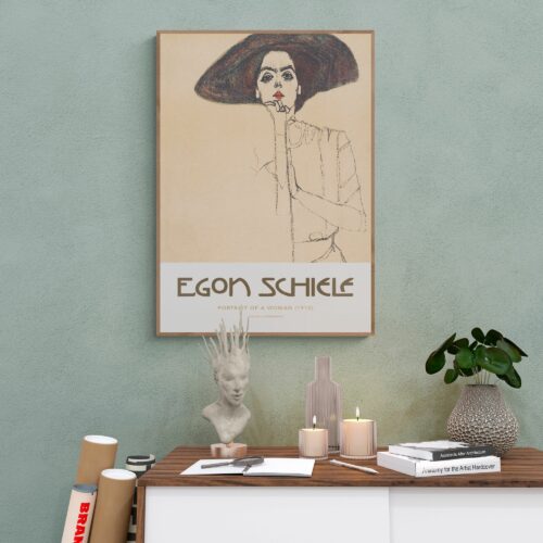 Egon Schiele 1910 Poster - 'Portrait of a Woman' with Striking Black Hat and Red Lips, Exemplifying Early 20th Century Color Lithograph Technique