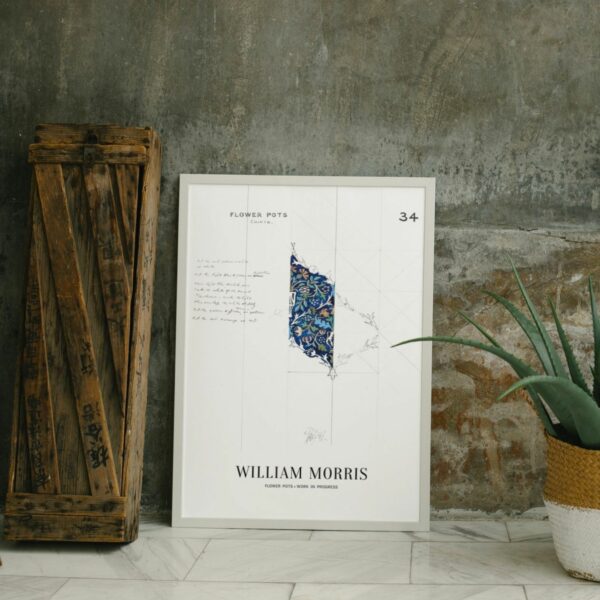 Iconic William Morris 'Flower Pots' poster with a rich blue chintz pattern, epitomizing the celebrated vintage botanical design from the Arts and Crafts movement, ideal for artistic home decor.