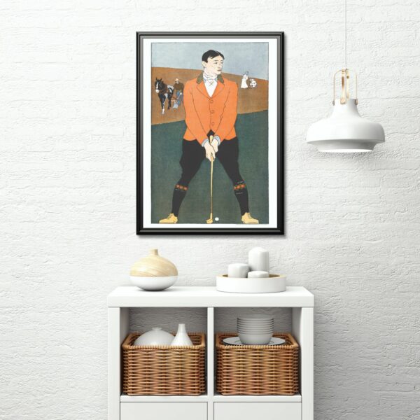 Vintage Art Nouveau Golf Poster by Edward Penfield featuring a Golfer in Red Jacket Preparing to Swing, Early 1900s Style Wall Art for Collectors and Enthusiasts