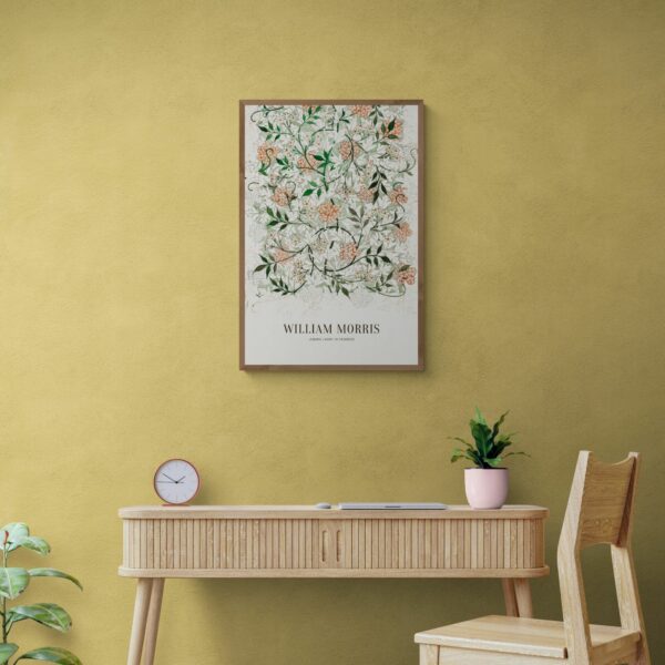 William Morris vintage botanical art poster, featuring delicate jasmine flowers and green foliage, encapsulating the timeless beauty of the Arts and Crafts movement for classic home decor enthusiasts.