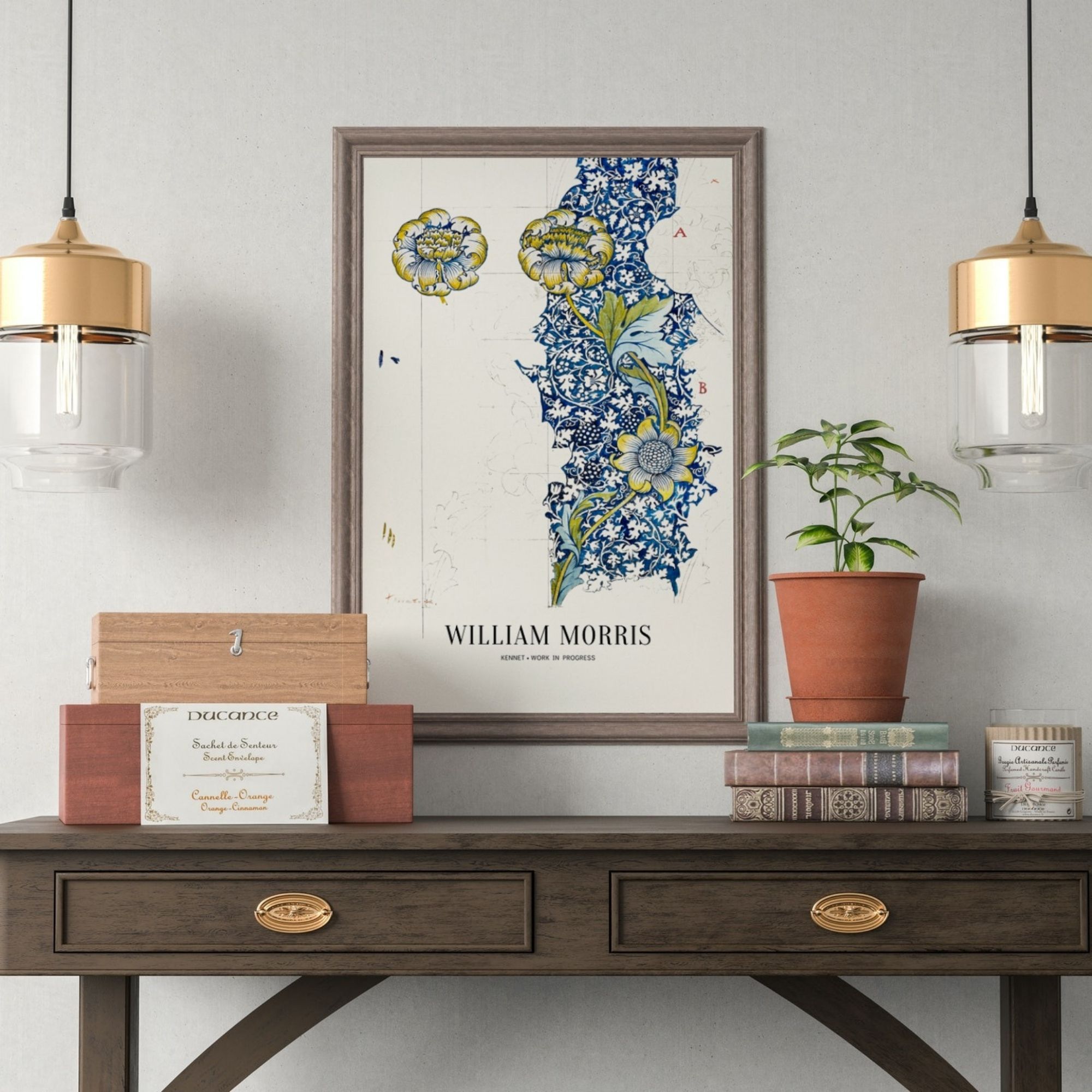 Classic William Morris 'Kennet' poster with intricate blue and yellow floral design, showcasing vintage botanical art for sophisticated and timeless interior decor inspiration.
