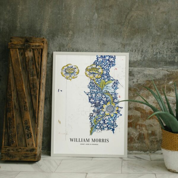 Classic William Morris 'Kennet' poster with intricate blue and yellow floral design, showcasing vintage botanical art for sophisticated and timeless interior decor inspiration.