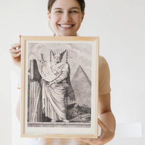 Engraved illustration of a Greek dramatist with harp, column, and pyramid, showcasing ancient Greek attire and symbols of theater in a classical composition.