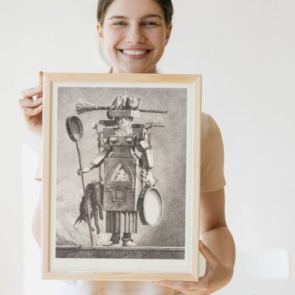Intricate etching of a figure laden with kitchenware as armor, blending domestic items and battle gear in a whimsical nod to historical Greek attire.