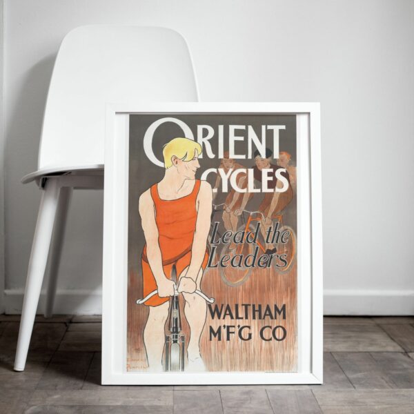 Vintage Orient Cycles advertising poster featuring a blonde cyclist in a red sleeveless outfit riding an antique bicycle with large white text and a slogan 'Lead the Leaders' on a dark gray background, with a subtle depiction of cyclists in the background, by Edward Penfield.