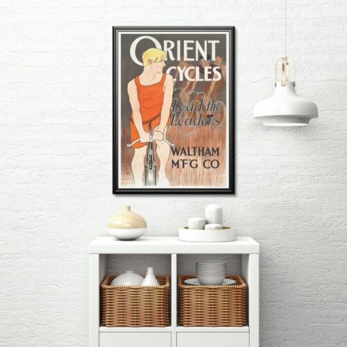 Vintage Orient Cycles advertising poster featuring a blonde cyclist in a red sleeveless outfit riding an antique bicycle with large white text and a slogan 'Lead the Leaders' on a dark gray background, with a subtle depiction of cyclists in the background, by Edward Penfield.