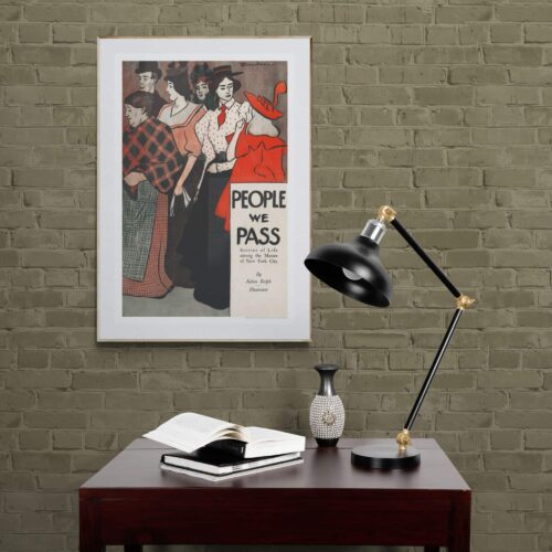 Edward Penfield Art Nouveau poster featuring stylish 1900s New York City residents in vibrant red and black, titled People We Pass; for unique vintage wall art decor.