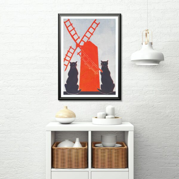 Vintage-inspired Art Nouveau poster featuring stylized black cats and red windmill silhouette against a blue background, ideal for eclectic home decor and art collectors