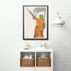 Medieval knight in ornate orange tunic raising sword and flag, vintage art nouveau style poster, striking collectible print for history enthusiasts.
