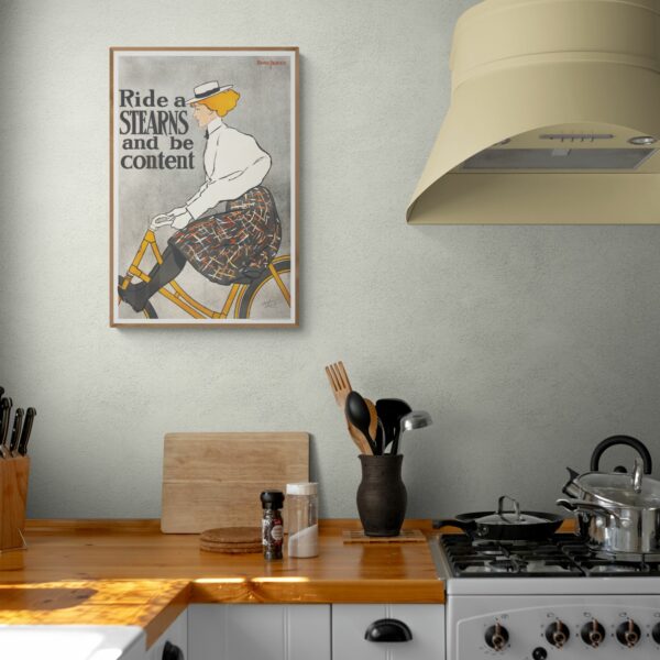 Vintage Edward Penfield Art Nouveau Poster featuring Woman Riding a Stearns Bicycle with Typographic Quote 'Ride a Stearns and be content', ideal for Wall Art Collectors and Retro Print Enthusiasts
