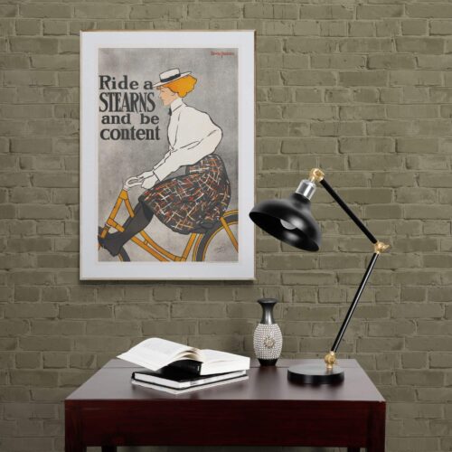 Vintage Edward Penfield Art Nouveau Poster featuring Woman Riding a Stearns Bicycle with Typographic Quote 'Ride a Stearns and be content', ideal for Wall Art Collectors and Retro Print Enthusiasts
