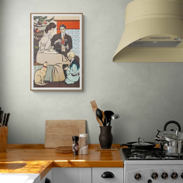 Edward Penfield vintage Christmas poster with family and holiday decor, ideal for collectors and seasonal decoration.