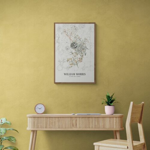 Vintage William Morris artwork with a 'Wild Tulip' motif, highlighting the intricate beauty of botanical illustrations in progress, ideal for adding an elegant historical touch to home decor.