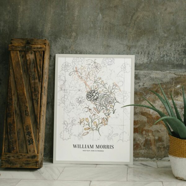 Vintage William Morris artwork with a 'Wild Tulip' motif, highlighting the intricate beauty of botanical illustrations in progress, ideal for adding an elegant historical touch to home decor.