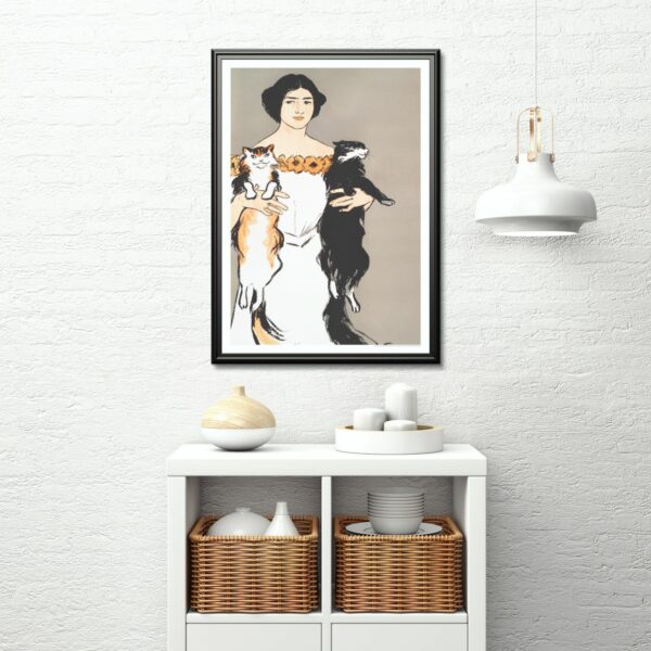 Edward Penfield vintage print of an elegant woman in a white dress holding two cats, one calico and one black and white, exemplifying art nouveau style wall art.