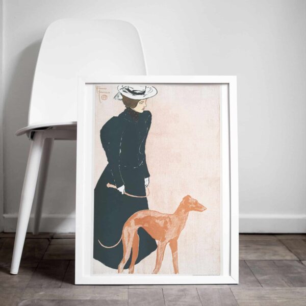 Edward Penfield Art Nouveau Poster Featuring Elegant Woman in Black Attire with Greyhound, Classic 1900s Vintage Print for Wall Art.