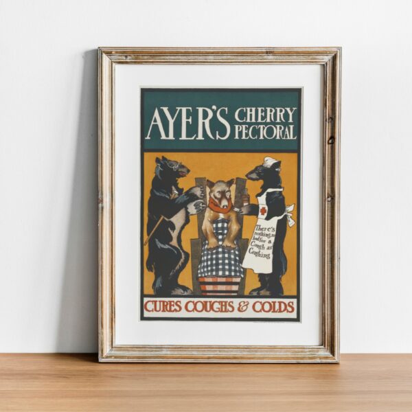 Vintage Ayers Cherry Pectoral advertisement poster depicting anthropomorphic animals, a bear in a checkered dress and two dogs dressed as a doctor and a nurse, with bold typography stating CURES COUGHS & COLDS in vibrant orange and black colors.