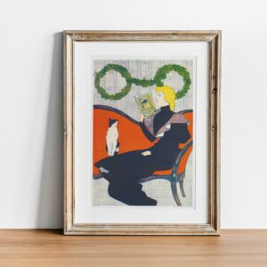 Art Nouveau Poster of Woman Reading with Cat by Edward Penfield, Vintage 1900s Print for Wall Art, Ideal for Collectors.