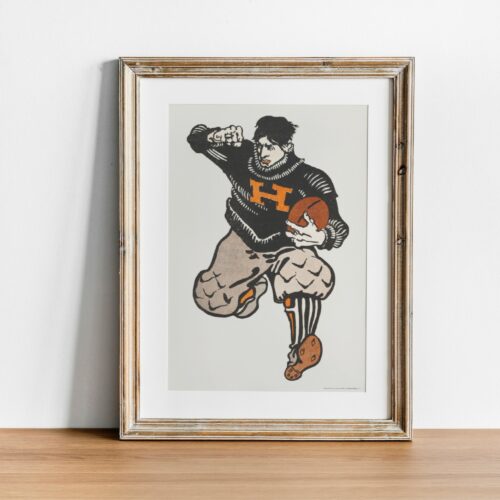 Vintage Edward Penfield illustration of a football player in action, wearing a sweater with a large H on it, embodying early American sports.