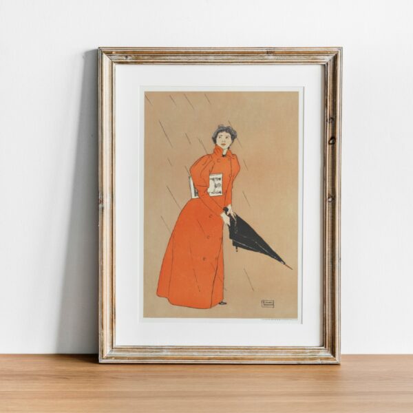 Edward Penfield vintage illustration of an elegant woman in a red coat holding an umbrella, classic early 20th-century fashion art print.