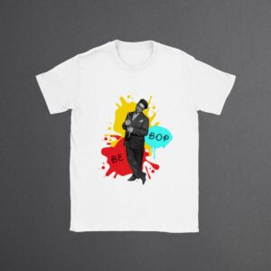 T-shirt with a vibrant saxophonist design, surrounded by colorful 'Bebop' splashes, capturing the essence of the lively jazz music genre.