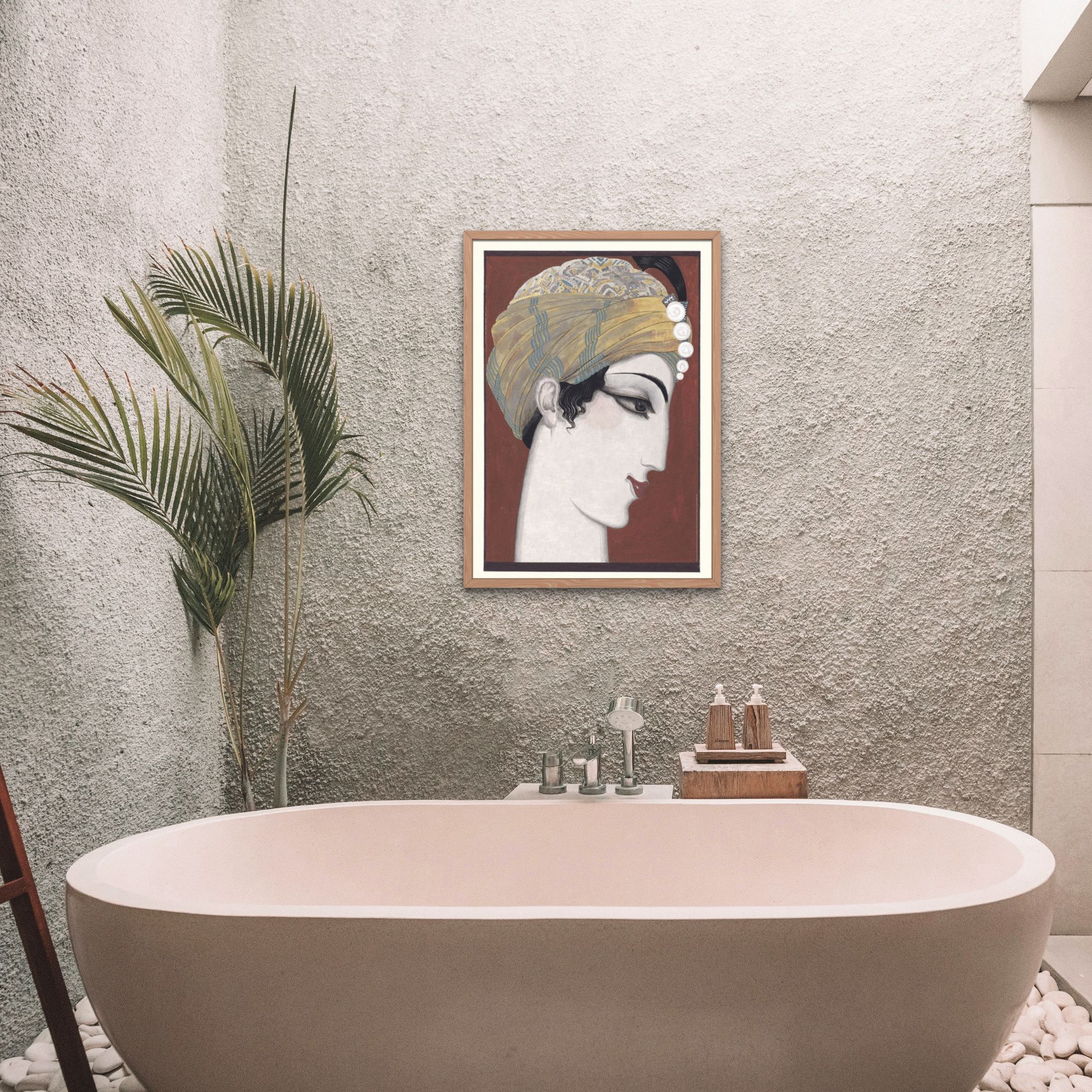 Art Deco portrait by Francois-Louis Schmied, showcasing a man in profile with an ornate turban and a sharp gaze, rendered in warm earth tones with meticulous detail, all beautifully framed in wood.