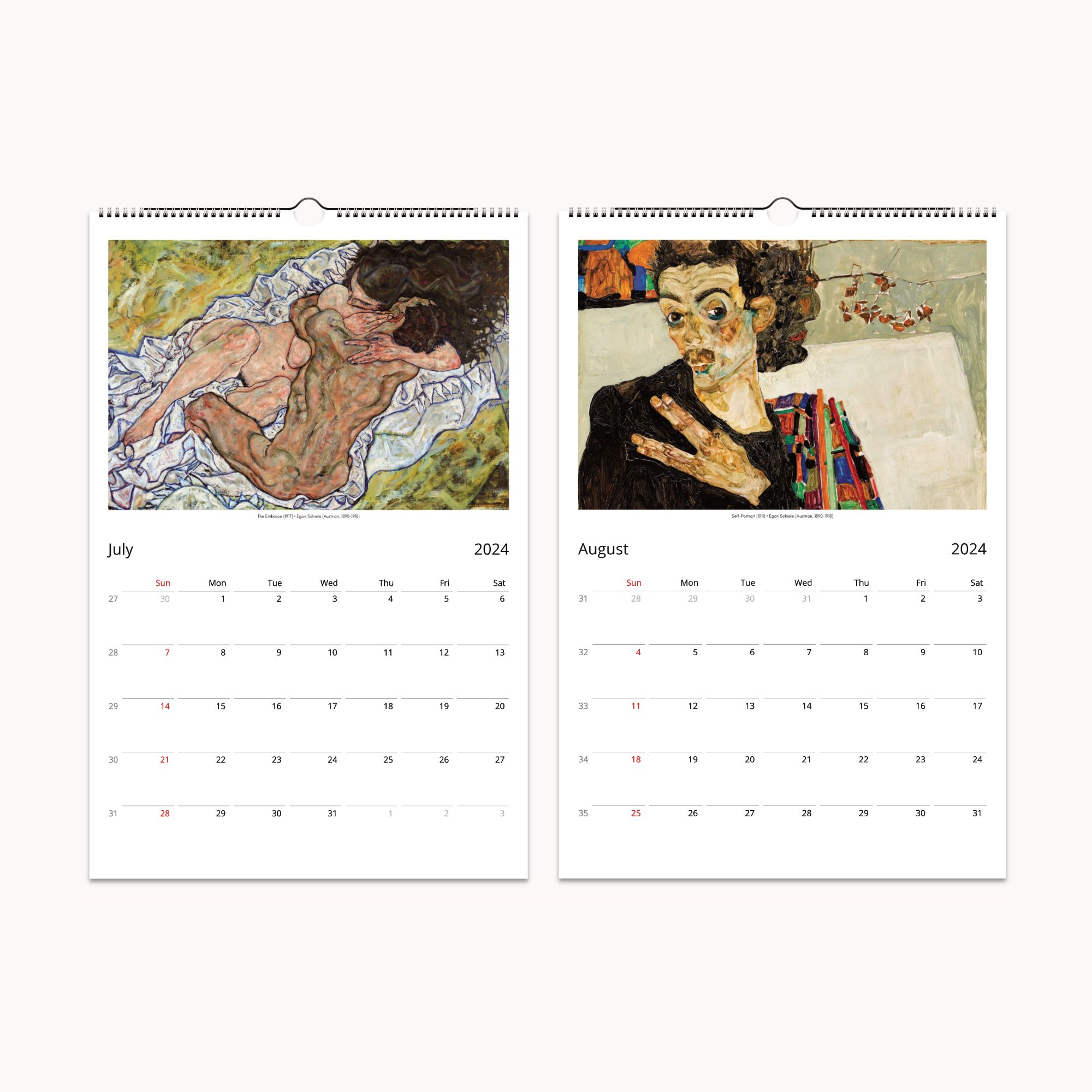 Delve into Egon Schiele's expressive mastery with a 2024 wall calendar, presenting his bold artwork on premium silk paper. Month by month, embrace the intensity of his vision in your everyday space.