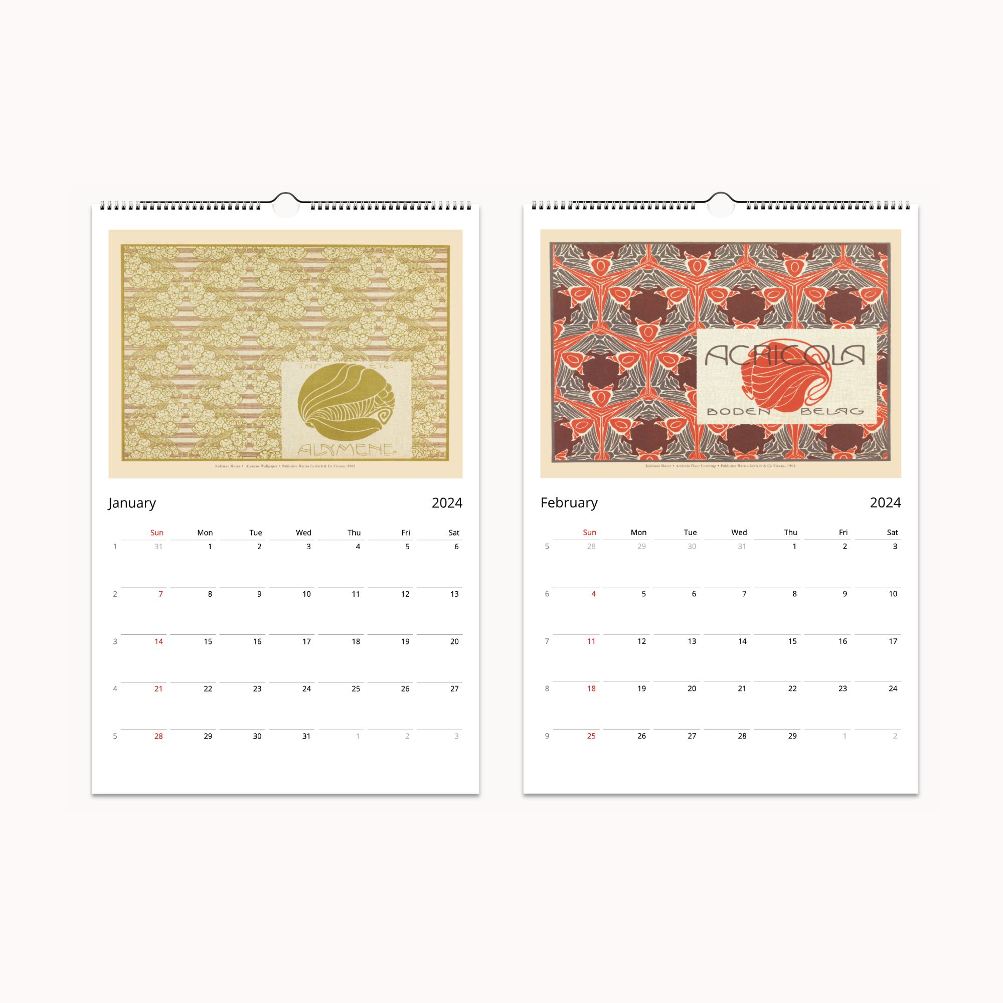 2024 Koloman Moser Wall Calendar, featuring monthly displays of his influential graphic art, ideal for enthusiasts of modernist design and the Vienna Secession movement, offering a year of artistic discovery and appreciation.
