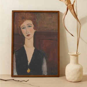 Portrait of a Woman by Amedeo Modigliani, showcasing the artist's unique style with a focus on the subject's auburn hair and elegant black dress, accented by a simple yet striking yellow pendant. The warm, muted background complements the figure's pensive expression and the softened features characteristic of Modigliani's portraiture.
