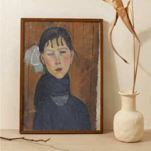 Portrait of 'Marie' by Amedeo Modigliani, featuring a woman with dark hair and a black turtleneck, set against a warm, wooden background. Her face is rendered with Modigliani's characteristic stylized and elongated features, and her direct, yet softened gaze is highlighted by rosy cheeks and bold red lips.