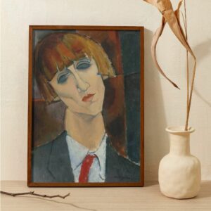 Portrait by Amedeo Modigliani of Madame Kisling, with stylized, geometrical composition and a palette of rich, earthy tones. Her closed eyes and serene expression are highlighted by the bold red of her tie and the angular backdrop, showcasing Modigliani's unique blend of expressionism and modernism.