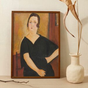 Expressionist portrait painting by Amedeo Modigliani featuring a solemn woman in a black dress, Madame Amédée, with stylized features and an elongated neck. The warm gold and brown background contrasts with the stark black of her attire, typical of Modigliani's unique art style.