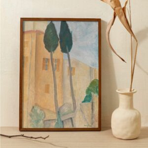 Landscape painting by Amedeo Modigliani titled 'Cypresses and Houses at Cagnes,' depicting a serene Mediterranean scene with towering cypress trees against ochre-colored houses under a soft blue sky. Modigliani’s brushwork gives texture to the façades and foliage, capturing the essence of the Cagnes-sur-Mer region.