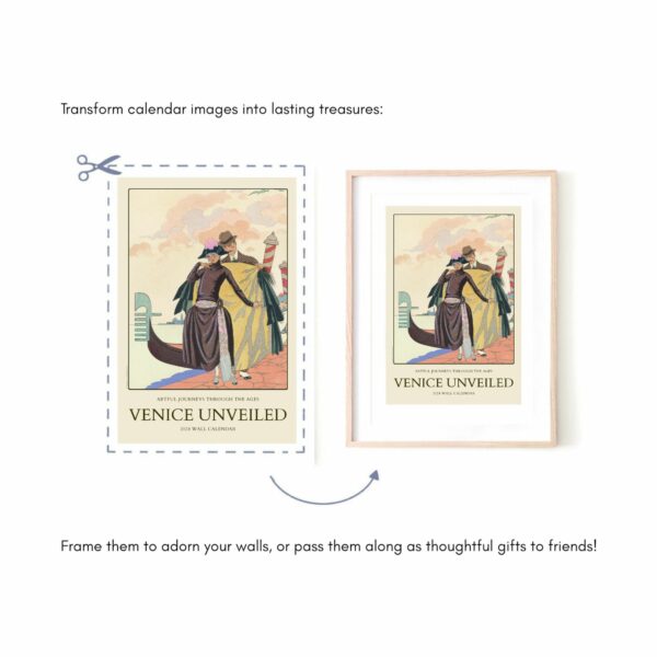 Venice Unveiled wall calendar cover with a stylish couple in vintage attire representing historical fashion, symbolizing Artful Journeys Through the Ages.