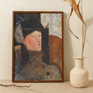 Modigliani's portrait 'Beatrice,' capturing a serene woman with an enigmatic expression, wearing a hat and coat, with the name 'BEATRICE' faintly visible in the background. The subject's cheeks are flushed with a rosy hue, her eyes gently closed, and her face framed by a stylish black hat, reflecting the artist's post-impressionistic influence.