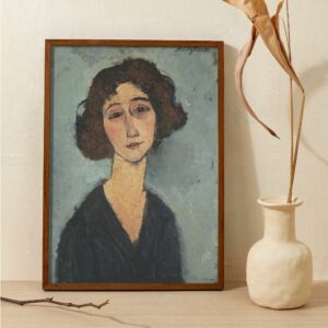 Modigliani's 'Jeune Femme', a delicate portrait of a young woman with curly hair and a deep blue dress. Her soulful eyes and flushed cheeks are captured with the artist's typical use of soft lines and warm colors, set against a textured, muted background, evoking a sense of introspective calm.
