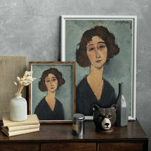 Modigliani's 'Jeune Femme', a delicate portrait of a young woman with curly hair and a deep blue dress. Her soulful eyes and flushed cheeks are captured with the artist's typical use of soft lines and warm colors, set against a textured, muted background, evoking a sense of introspective calm.